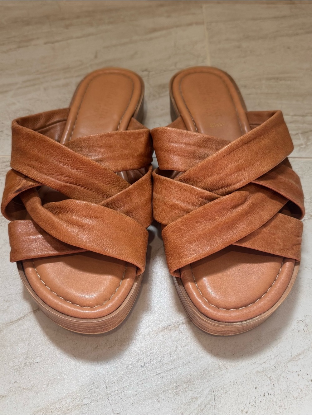 Bella Vita Cognac Crisscross Leather Slide Sandals